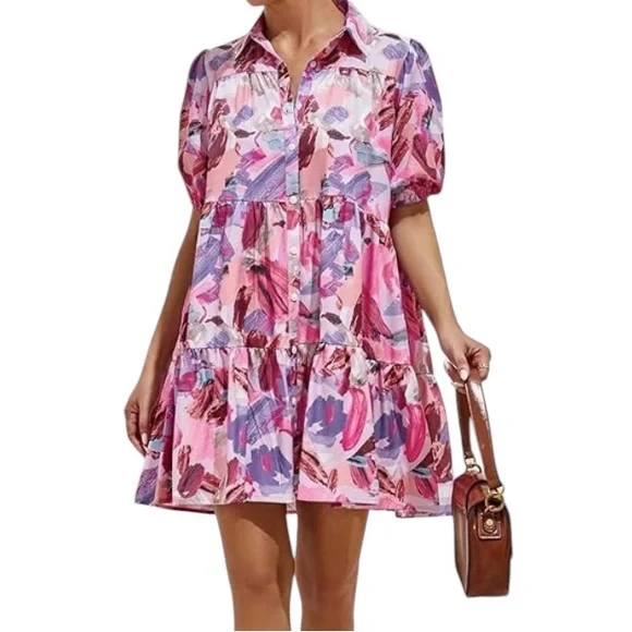 Pink multi colored Floral  Ruffle Hem Smock Dress,baby doll dress,Large,New - Picture 9 of 12